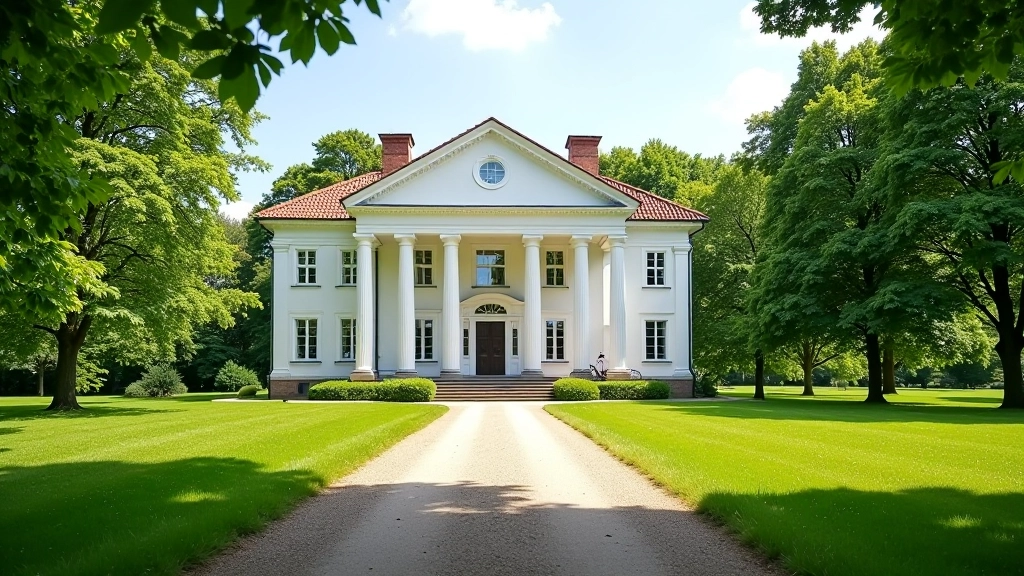 Stately manor house surrounded by park, cycling path winding through trees, summer light