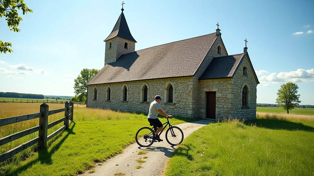 Vana kirik maamaastikul, jalgratta küljes korv viljadega, päikese langus
